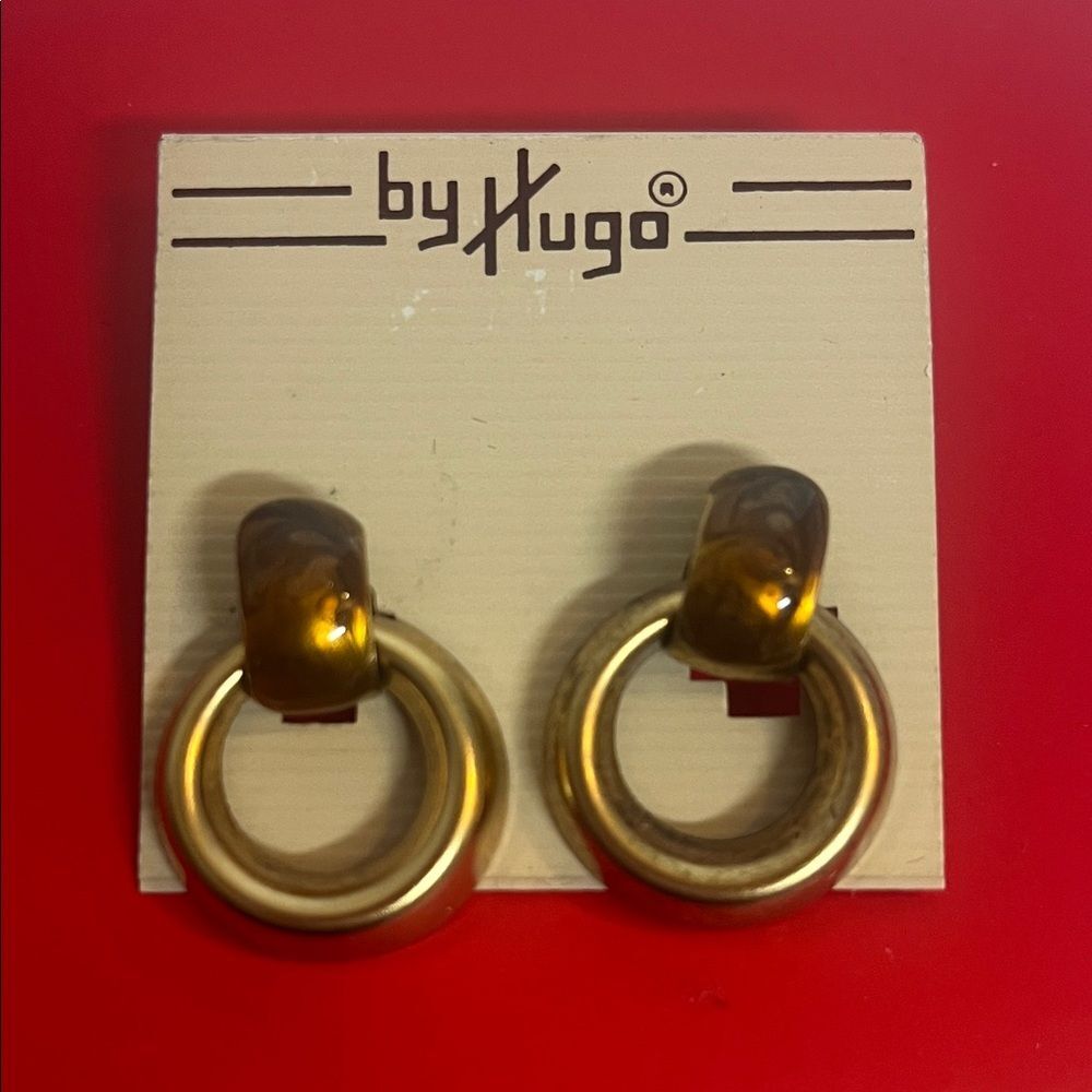 HUGO Vintage Antiqued Gold-tone hoop drop earrings w/ tortoise shell accent #90s - Picture 2 of 6